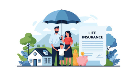 Modern vector illustration of happy family protected under large umbrella symbolizing life insurance coverage. Financial security, risk protection and future planning concept © Amie