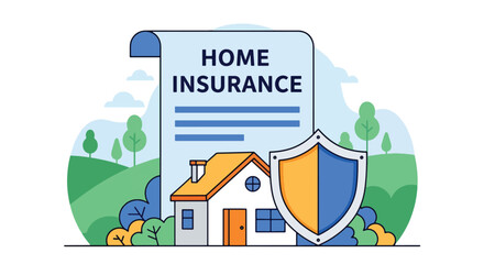Fototapeta premium Modern vector illustration of residential house protected by shield icon representing home insurance coverage. Property safety, asset protection and risk management concept