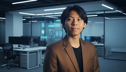 Fototapeta premium Young asian businessman confident in modern office with futuristic digital displays showing data innovation