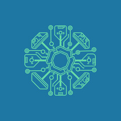 Fototapeta premium Digital circuit diagram with interconnected components on a blue background.