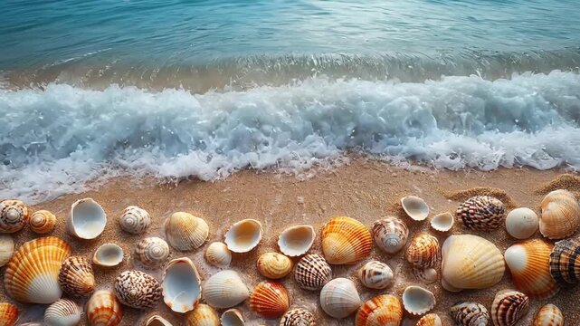 Ocean Wave Crashing on Sandy Beach with Assorted Seashells wallpaper