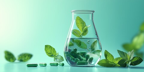 Natural medicine formula in transparent flask, leaves and golden capsules suggesting herbal remedy, wellness science and clean ingredients