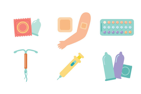 Contraception Methods and Birth Control Healthcare Flat Vector Set