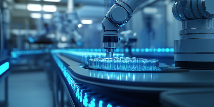 Advanced robotic arm automates pharmaceutical vial handling in futuristic laboratory, showcasing precision manufacturing, artificial intelligence, and smart industrial automation.