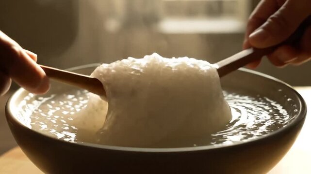 Stirring Tapioca Pearls in Hot Water: Cooking Process Close Up