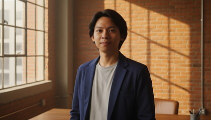 Fototapeta premium Young asian businessman standing confidently in a modern urban office with brick wall and bright sunlight