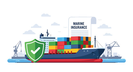 Obraz premium Modern vector illustration of cargo container protected by shield icon symbolizing marine insurance coverage. International shipping risk management concept