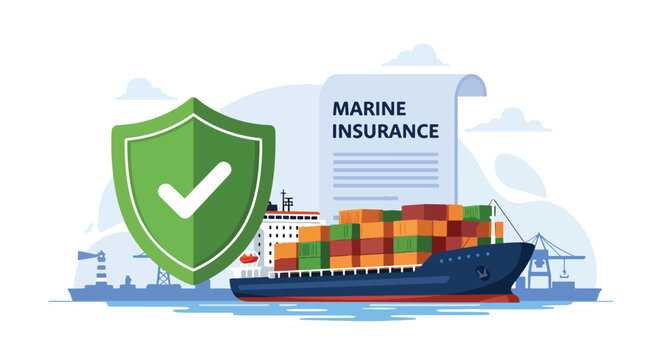 Modern vector illustration of cargo container protected by shield icon symbolizing marine insurance coverage. International shipping risk management concept
