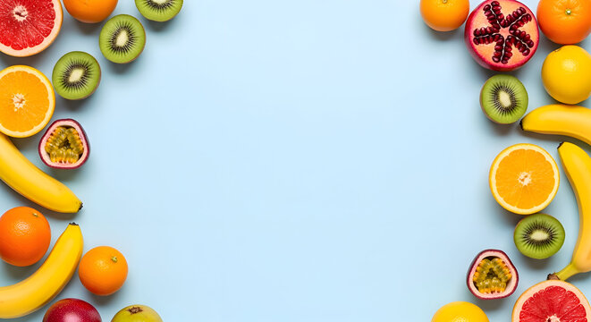 Vibrant arrangement of fresh fruits including kiwi, oranges, bananas, passionfruit, and pomegranate, forming a colorful border around a spacious central area for design.