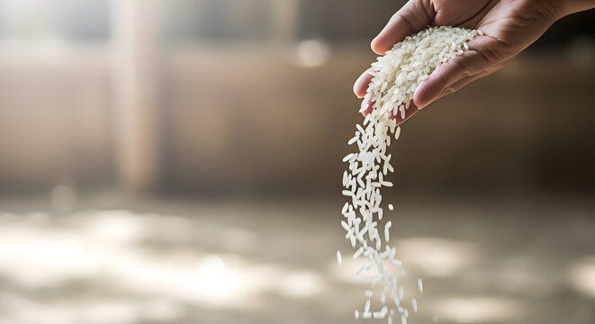A gentle stream of white rice grains cascading from a hand, set against a softly blurred, warm-toned background, evoking a sense of abundance and nourishment.