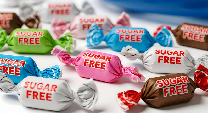 Assortment of individually wrapped sugar-free candies in bright, colorful wrappers, arranged on a white surface, highlighting a healthier confectionery option for mindful indulgence.