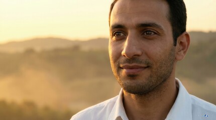 Fototapeta premium Portrait of a smiling Muslim man outdoors at sunset. Middle aged Middle Eastern man looking away in a hilly landscape during golden hour. Contentment and reflection concept