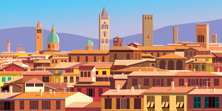 Romantic cityscape with colorful traditional mediterranean italian buildings, roofs, spires, towers, churches and houses. Hand drawn vector illustration. Can be used for posters, banners, postcards.