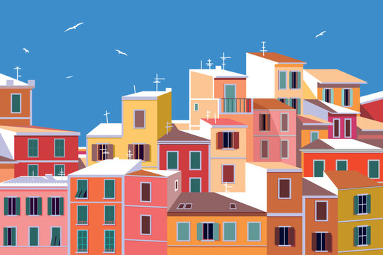 Romantic cityscape with colorful multicolored traditional mediterranean italian buildings, roofs, windows and houses. Hand drawn vector illustration. Can be used for posters, banners, postcards.