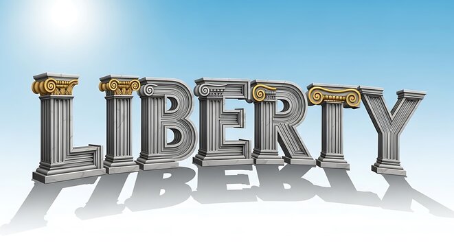 The word 'LIBERTY' is rendered using three dimensional stone pillars topped with ornate golden Corinthian capitals against a bright blue sky.