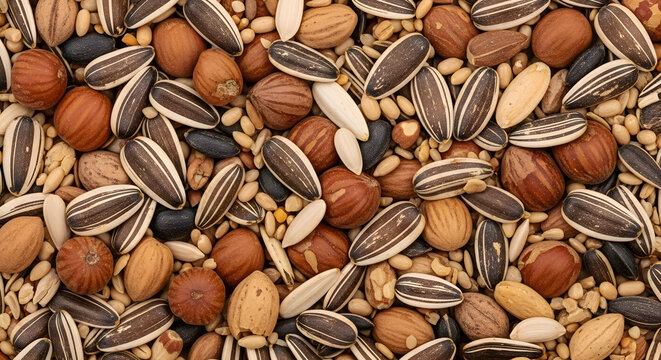 Assorted seed mix, a detailed overhead view of a variety of seeds including sunflower, hazelnut, and pumpkin, showcasing a natural and wholesome composition with diverse textures.