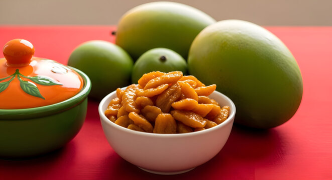 Vibrant mango pickle and fresh green mangoes arranged on a rich red surface, showcasing a traditional Indian condiment with a glossy texture and inviting presentation.
