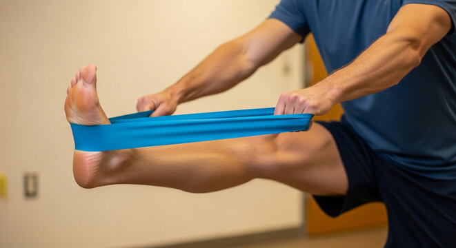 Athlete stretching leg muscles using blue resistance band