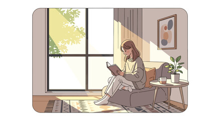 Fototapeta premium Woman reading book beside window with sunlight in a cozy living room illustration
