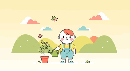 Fototapeta premium A cartoon child in overalls waters a potted plant in a serene landscape with flying butterflies and clouds