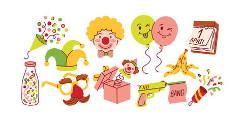 Large collection of April Fools Day icons including clown face jester hat banana peel and party poppers for playful holiday designs and funny greeting cards © Sunflower