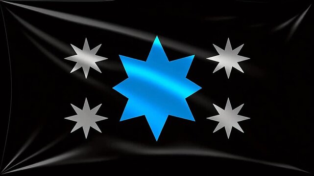 Blue seven-pointed star with four silver stars on black background &mdash; minimalist vector graphic for design, branding, or celestial themes