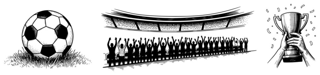 Collection of hand drawn soccer elements including a ball trophy and cheering stadium fans © AnjaliDesai