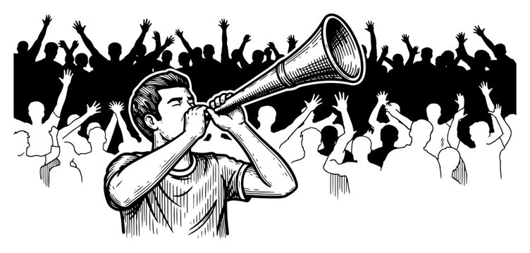 Enthusiastic sports fan blowing a horn with a cheering crowd in woodcut drawing style