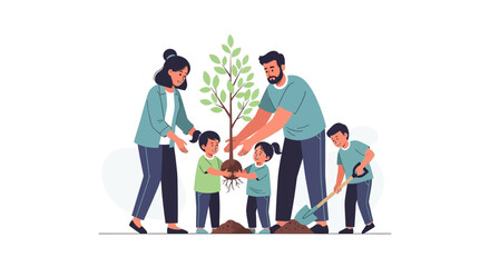 Family Planting Tree Together Outdoors Vector Illustration