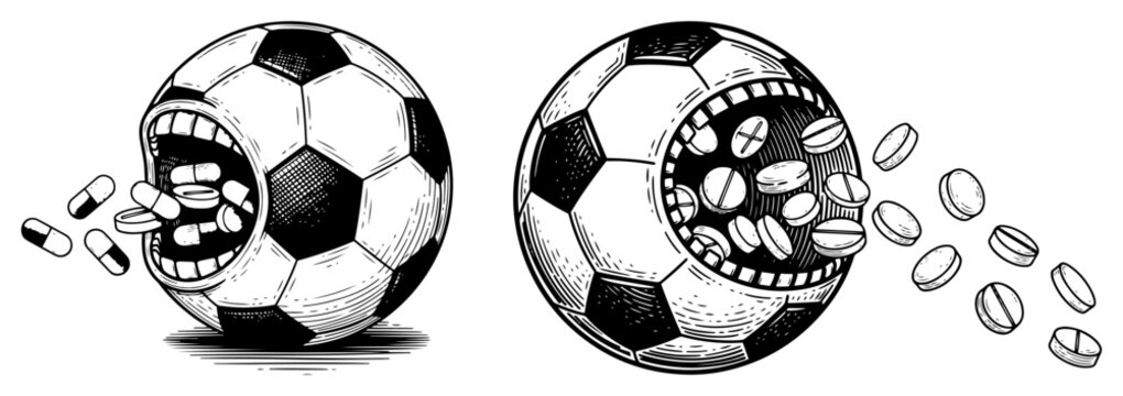 Woodcut style illustration of soccer balls with mouths full of pills representing doping in sports