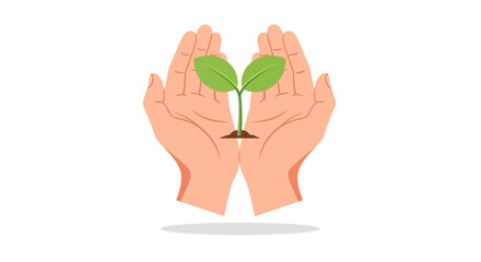 Hands cradling a small green plant with leaves, symbolizing care and nurturing in a gentle gesture