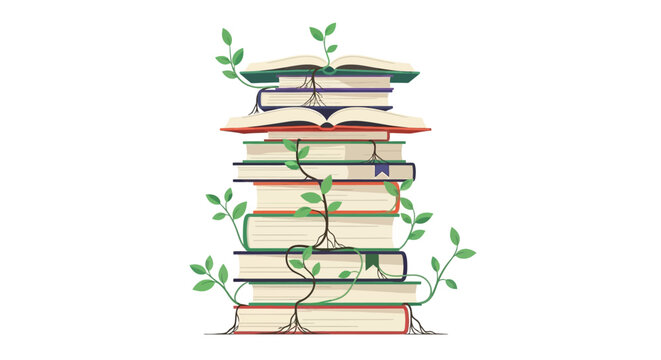 Stack of books with leaves growing out of them, symbolizing knowledge and growth, depicted in a simple illustration style