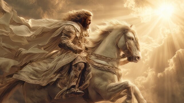 Jesus Christ riding a white horse biblical Book of Revelation second coming and victory. Prince of Peace war off Armageddon victory. Son of God kingship and judgment heavenly divine horse rider. 