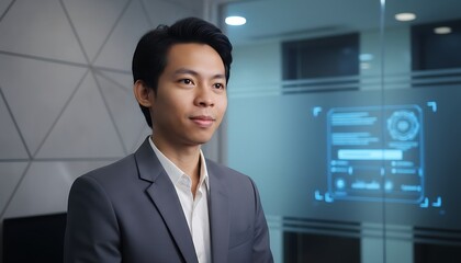 Fototapeta premium Asian businessman in modern office setting looking at a transparent digital display with data visualization