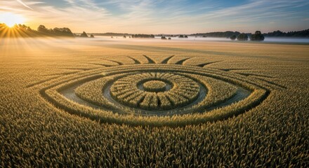 Obraz premium Aerial view reveals a crop circle resembling an eye in a field at sunrise with mist