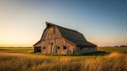 An old wooden barn sits in a golden field under a clear blue sky at sunset