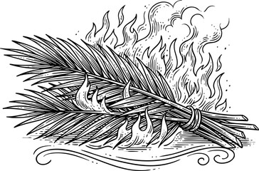Obraz premium Burning Palm Branches Engraving Art, a Sacred Ritual Graphic for Ash Wednesday Tradition, Lenten Observance, Christian Penitence, Religious Fasting, Spiritual Devotion, Repentance Theme,