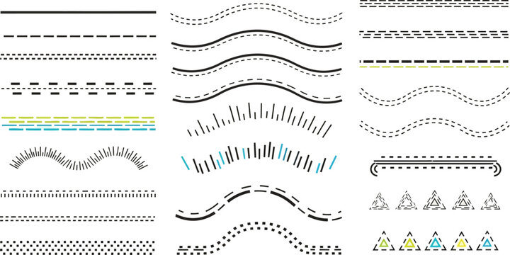 Set of decorative divider lines with waves, dots, arrows, and geometric border elements.