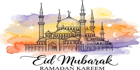 Eid Mubarak Ramadan Kareem greeting with mosque illustration and colorful watercolor skyline background. © Anabella