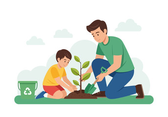 Fototapeta premium Father and Son Planting a Tree Together Outdoors.