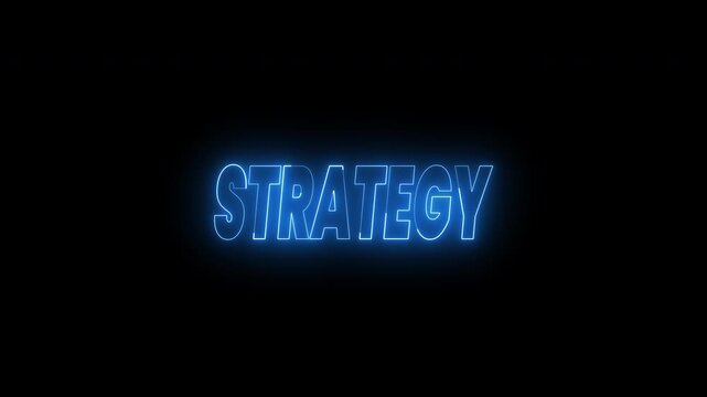 Strategy and analytics text animation in blue neon lights. 4k animated typography ideal for opener business presentations videos, marketing campaigns, and advertising materials.