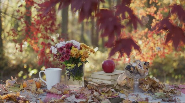 Warm fall setup with leaves. Autumn coffee moment on table. Cozy fall table with flowers. Autumn picnic table setting. Fall leaves around cozy table.