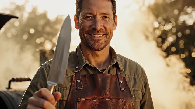 A smiling chef holding a sharp knife, showcasing expertise and culinary prowess