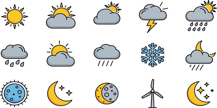 Weather and climate icon set showing sun, rain, snow, and wind