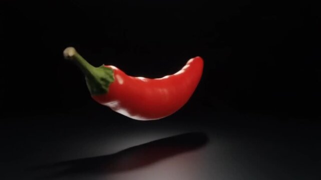 Macro cinematic video of a red chili pepper gently floating and spinning, illuminated by soft box lighting for an elegant, energetic but refined promotional style