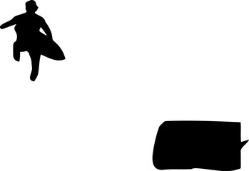 A black silhouette of a surfer jumping with a surfboard over a skateboard on a white background © Ahsan