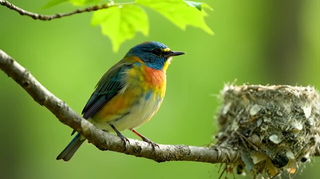 A bird perched on a thin tree branch beside its nest in a natural outdoor setting viewed from the side.