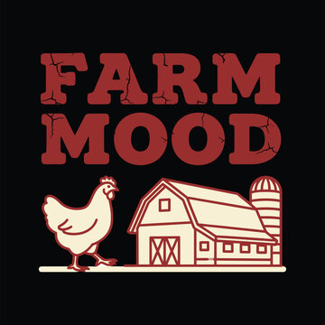 Farm themed illustration with a chicken and barn on a black background tshirt design