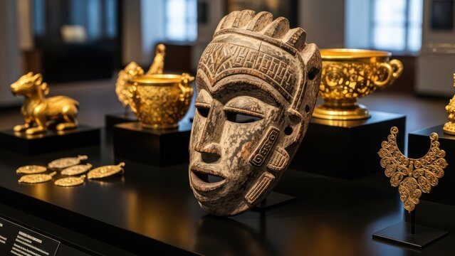 Museum display featuring an African mask and gold artifacts on a black surface