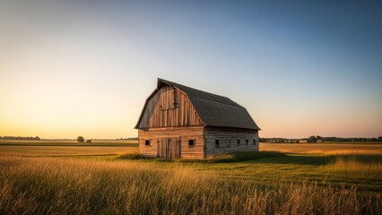 Fototapeta premium Rustic wooden barn bathed in warm sunlight, set amidst a golden wheat field and clear sky